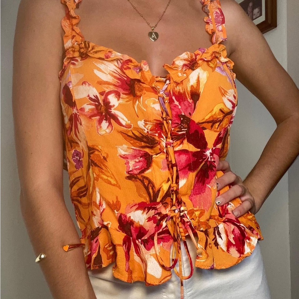 Floral Orange and Pink Women's H&M Top